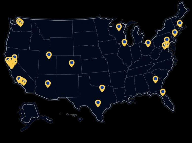 Map of North America with team locations