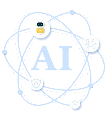 AI letter with icons orbiting
